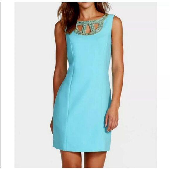 Lilly Pulitzer solid blue beaded cutout neckline shift dress size 2 - Picture 1 of 11